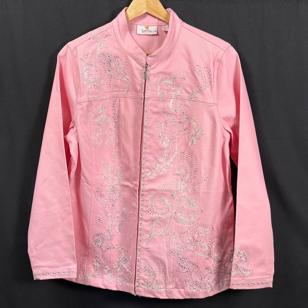 Quacker Factory Pink Rhinestone Embroidered Jacket Twill Zip Womens S NWT